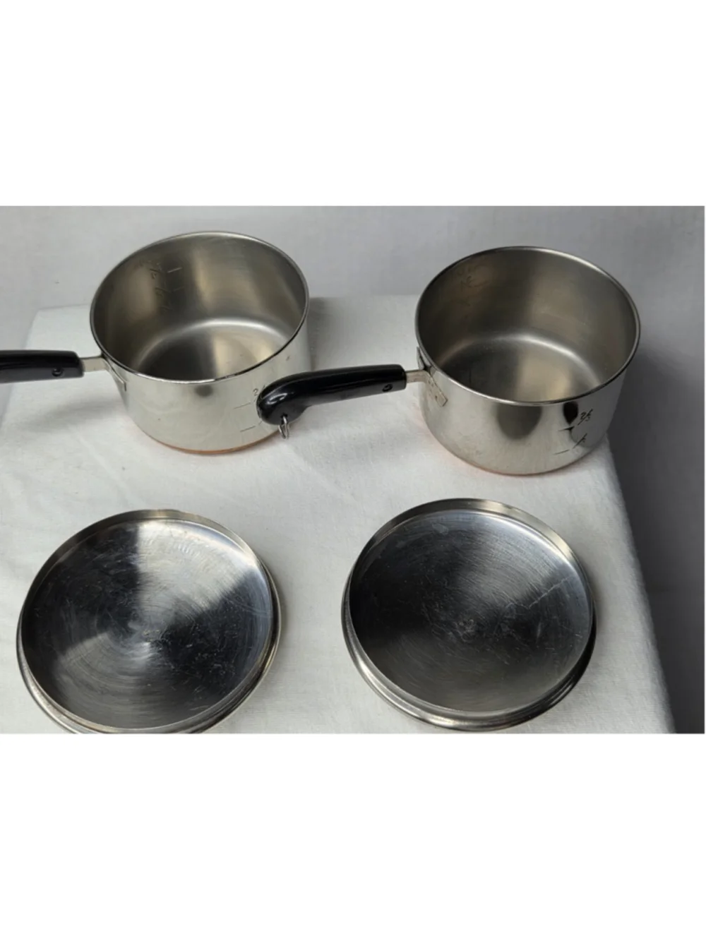 Vintage Revere Ware Miniature Measuring Saucepans w/Lids Copper Bottom Lot of 2